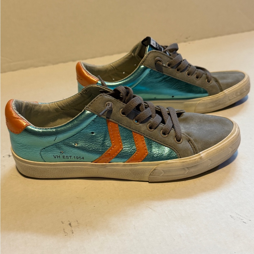 Vintage Havana Gray and Teal Sneakers with Orange Accents
